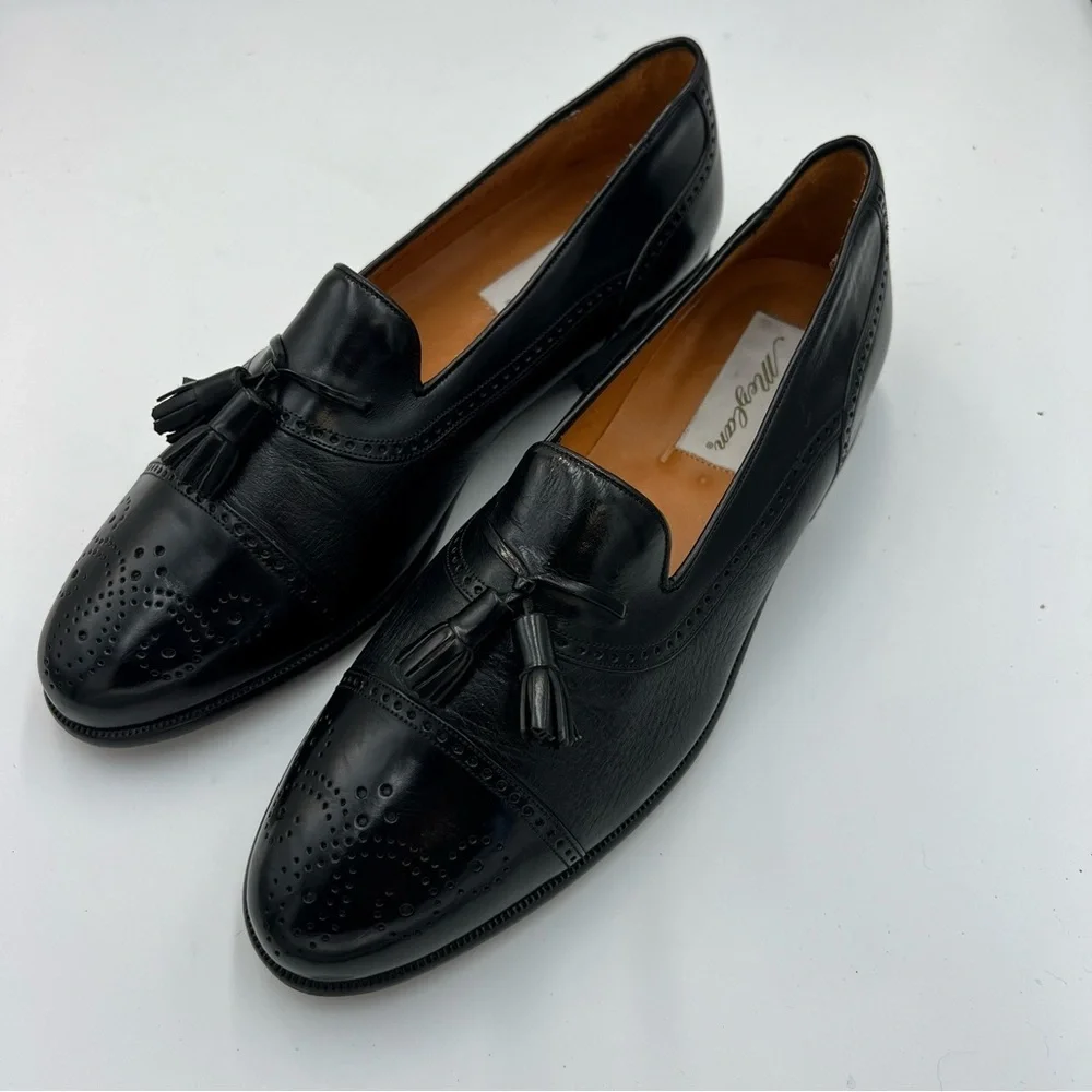Meylan Tassel Loafers 8.5B Black Leather Cap Toe Brogue Made in Spain